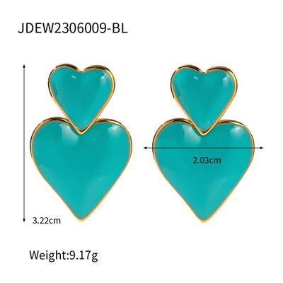 Trendy 18K Gold Plated Colorful Enamel Love Earring Stainless Steel Chunky Smooth Double Heart Drop Earrings