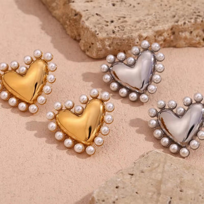 Gold Plated Jewelry Pearl Stud Earrings Heart Jewelry Gift for Women Stainless Steel Earrings