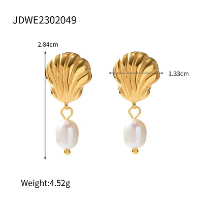 New Trendy 18K Gold Plating Ocean Style Stainless Steel Rings Set Scallop Shell Pendant Necklace for Women