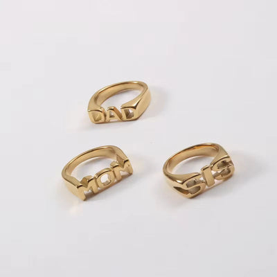 Trendy Tarnish Free High End 18K Gold Plated MOM DAD SISTER Stamp Rings Mothers Day Gift Stainless Steel Inspired Jewelry