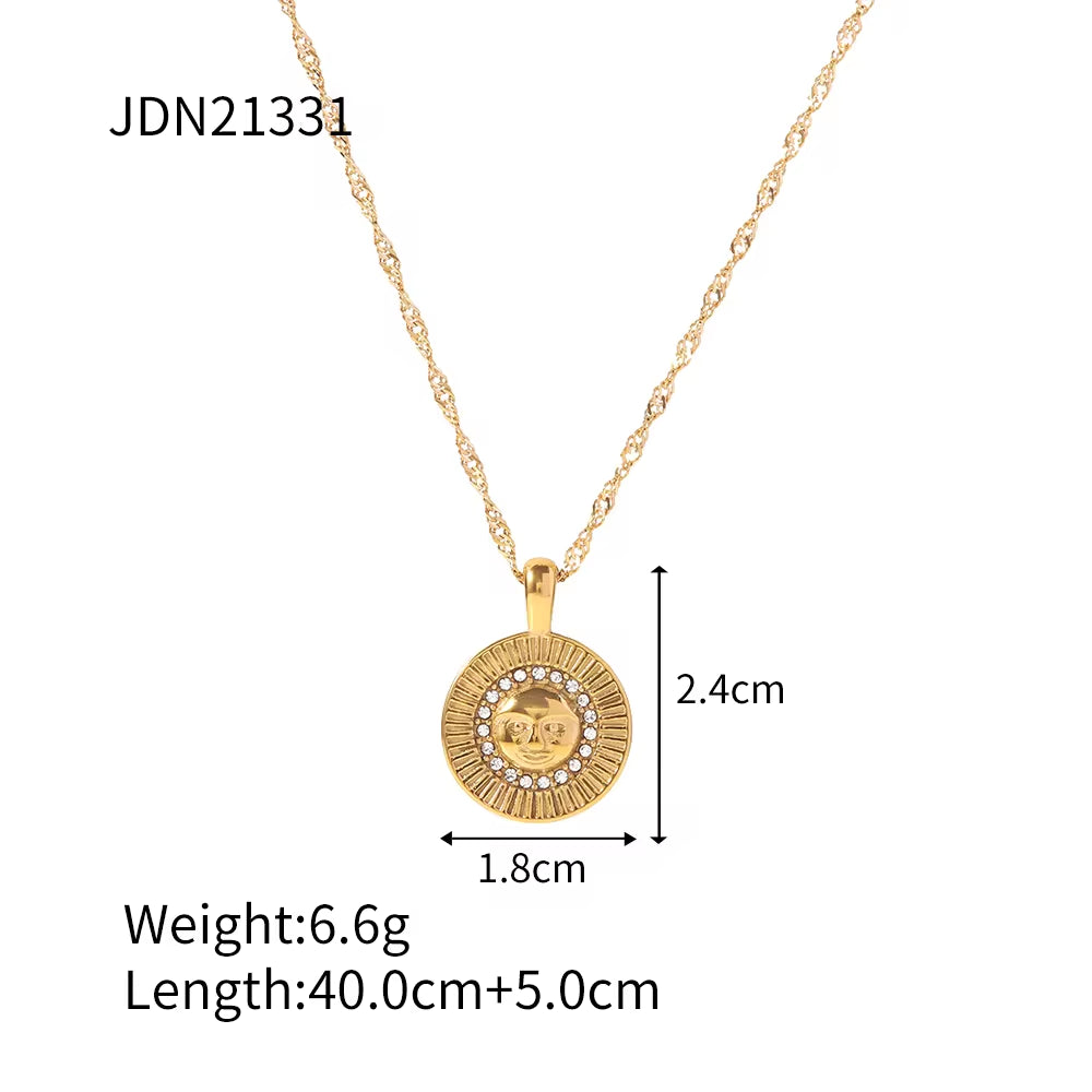 Waterproof Zircon Texture Necklace Stainless Steel Green Zircon round Eye Sunburst Medallion Necklaces