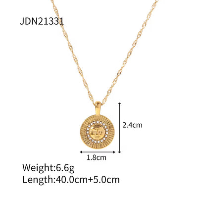 Waterproof Zircon Texture Necklace Stainless Steel Green Zircon round Eye Sunburst Medallion Necklaces