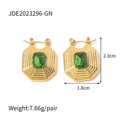 Waterproof Stainless Steel White Zircon Necklace Pyramidal Shape Inlaid Green Zircon Earring Necklace