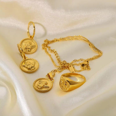 18K Gold Plated Stainless Steel Jewelry Sets Embossed Angel Drop Earrings Rings Pendant Necklace