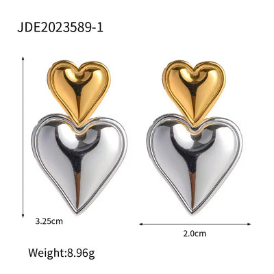 Trendy 18K Gold Plated Colorful Enamel Love Earring Stainless Steel Chunky Smooth Double Heart Drop Earrings