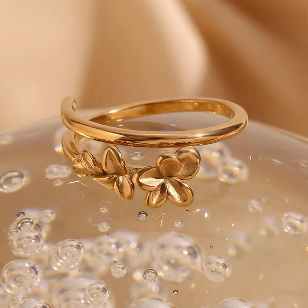 Trend 2024 Double Layer Flower Signet Ring Gold Plated Jewelry Stainless Steel Adjustable Rings