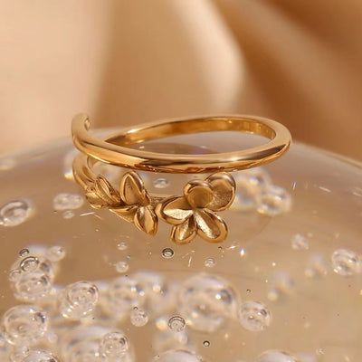 Trend 2024 Double Layer Flower Signet Ring Gold Plated Jewelry Stainless Steel Adjustable Rings