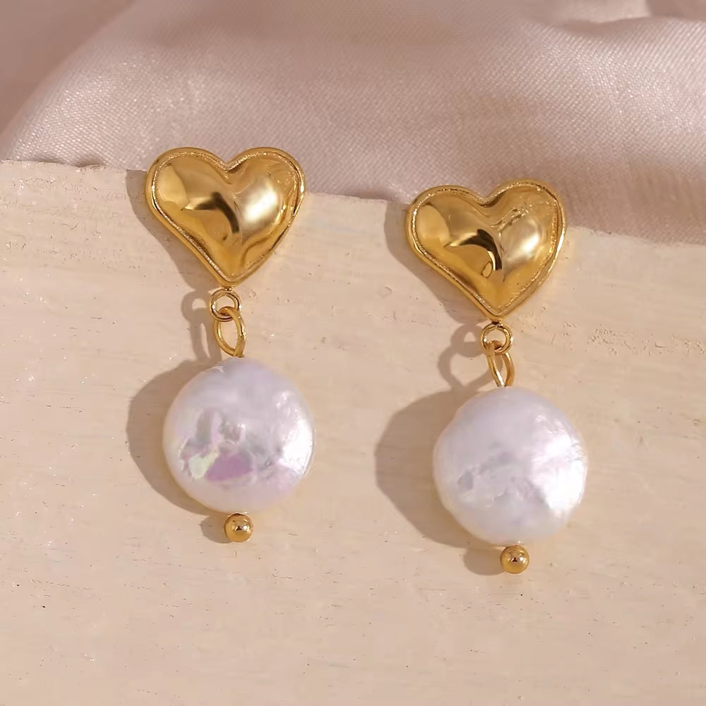 Valentines Earrings Fresh Water Pearl Heart Earring 18K Gold Plated Stainless Steel Couple Jewelry