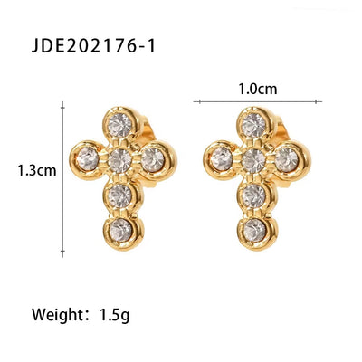 18K Gold Plated Cross Shape Zircon Insert Stainless Steel Stud Earrings Waterproof Jewelry