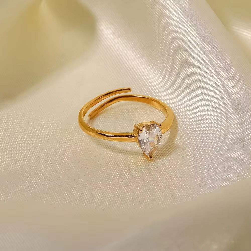 18K Gold Plated Water Drop White Zircon Inlaid Stainless Steel Adjustable Rings Dainty Jewelry