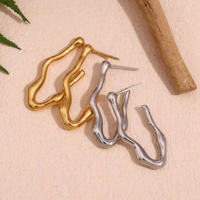 Engraved Water Wave Statement Hoop Earrings Gold Plated Jewelry Tarnish Free Stainless Steel Earrings