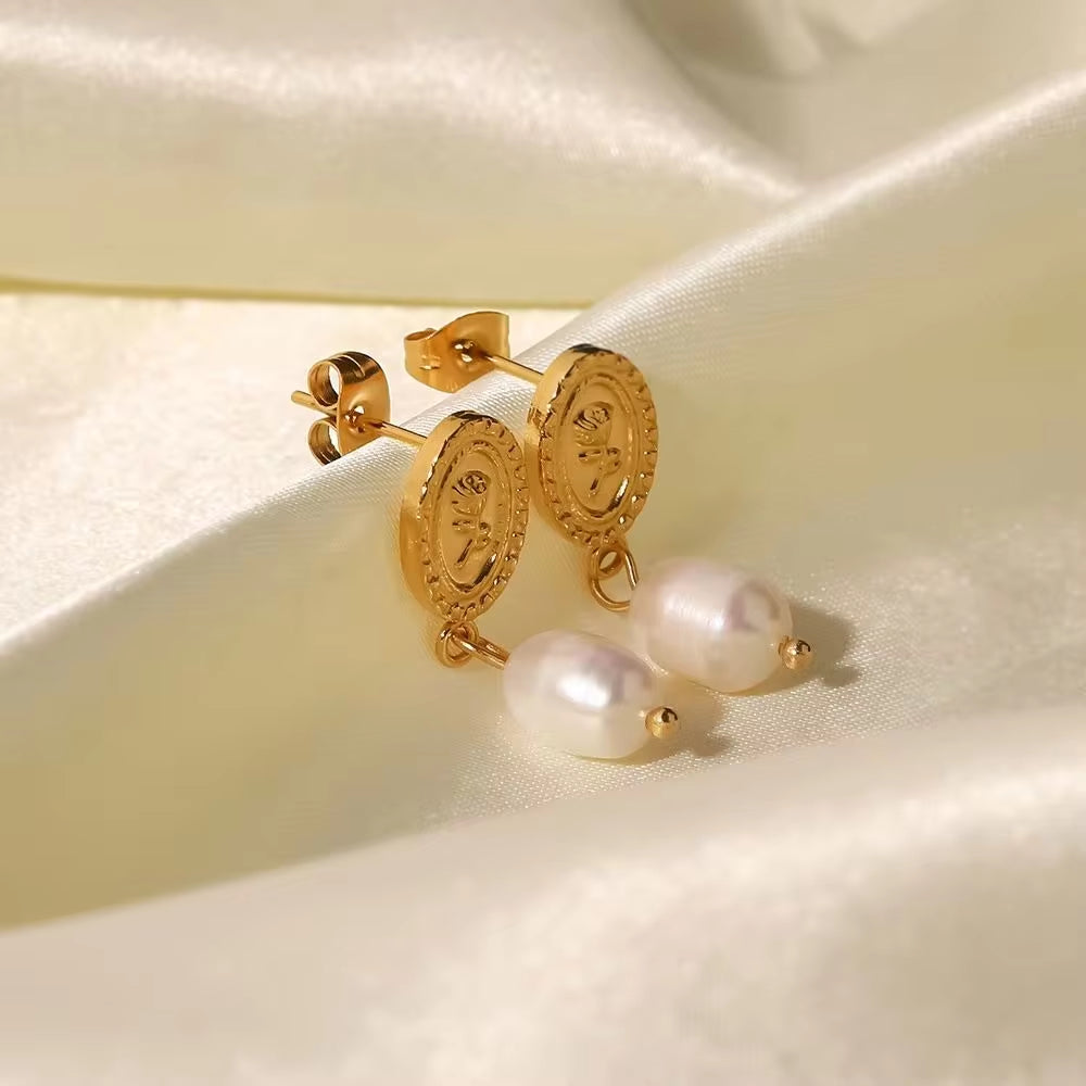 18K Gold Plated Stainless Steel Freshwater Pearl Coin Design Rose Embossed Pendant Earrings Ins Trendy