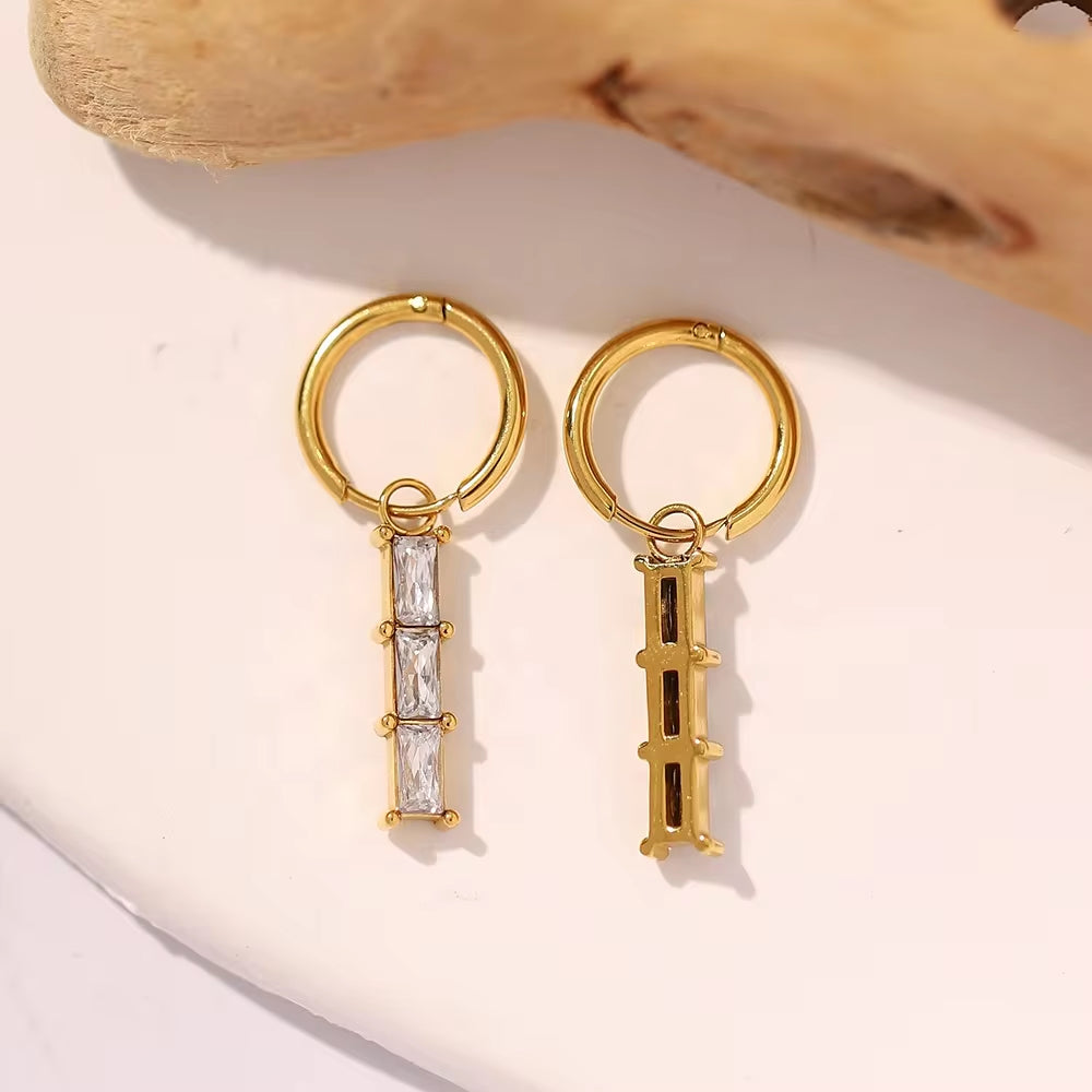 18K Gold Plated Stainless Steel White Cubic Zirconia Bamboo Design Pendant Dainty Hoop Earrings