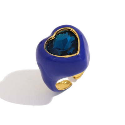 Chunky Colorful Enamel Y2K Heart Jewelry Shining Zircon Rings Set Gold Plated Stainless Steel Jewelry