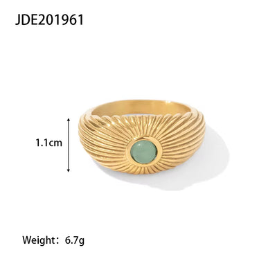 18K Gold Plated Stainless Steel Wide Chunky Natural Green Stone Sun Shape Rings Punk Style Unisex