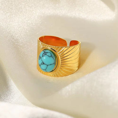 18K Gold Plated Turquoise Swirl Marks Wide Opening Stainless Steel Rings for Women Jewelry