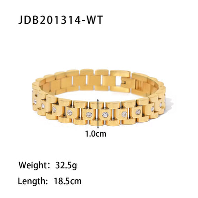 New Trendy 18K Gold Plated Stainless Steel Strap Jewelry Waterproof Wide Cubic Zirconia Belt Bracelet