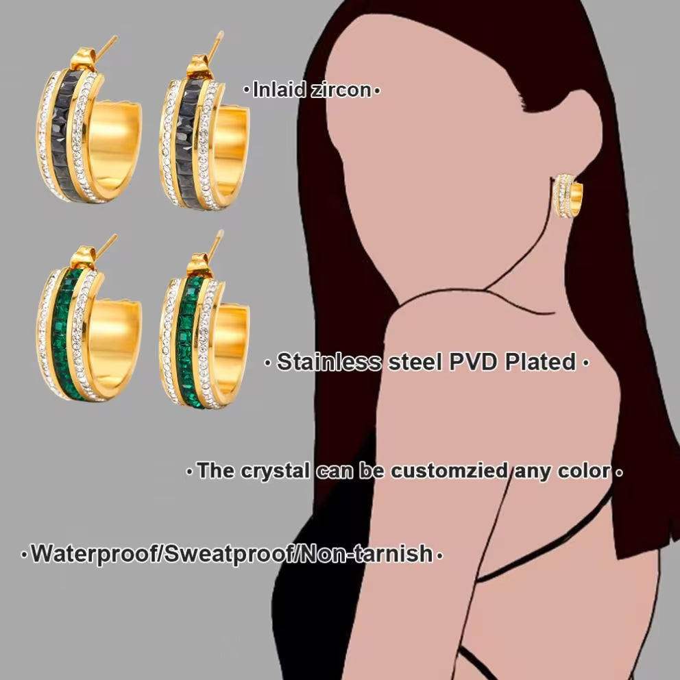 New Ins Designs Minimalist C Shape 18K Gold Plated Zircon Stainless Steel Stud Earrings for Women Jewelry