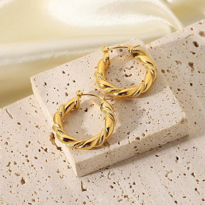 18K Gold Plated Circle Jewelry Croissant Double Twist Stainless Steel Hoop Earrings for Women