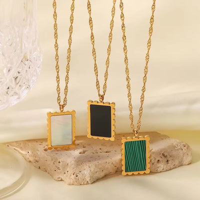 New Arrival Stainless Steel Black Malachite Square Lace Inlaid White Shell Pendant Necklace