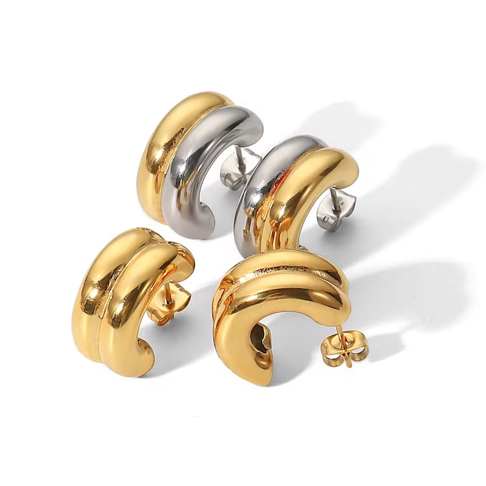 Connected Double Ring Gold Silver Color CC Shape Earrings Stainless Steel Pvd Plated Stud Earrings for Women