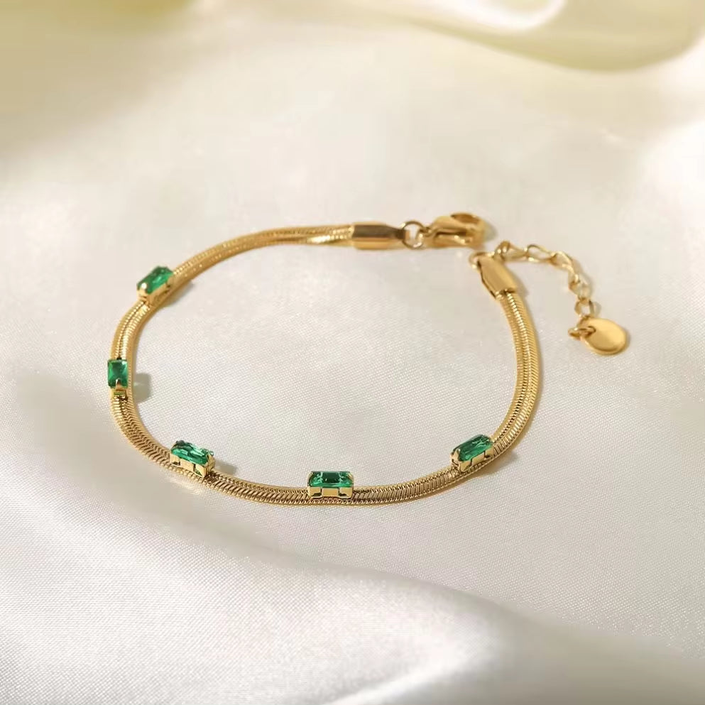 14K Gold Plated Flat Snake Chain Green Square Zircon Stainless Steel Bracelets Minimalist Design