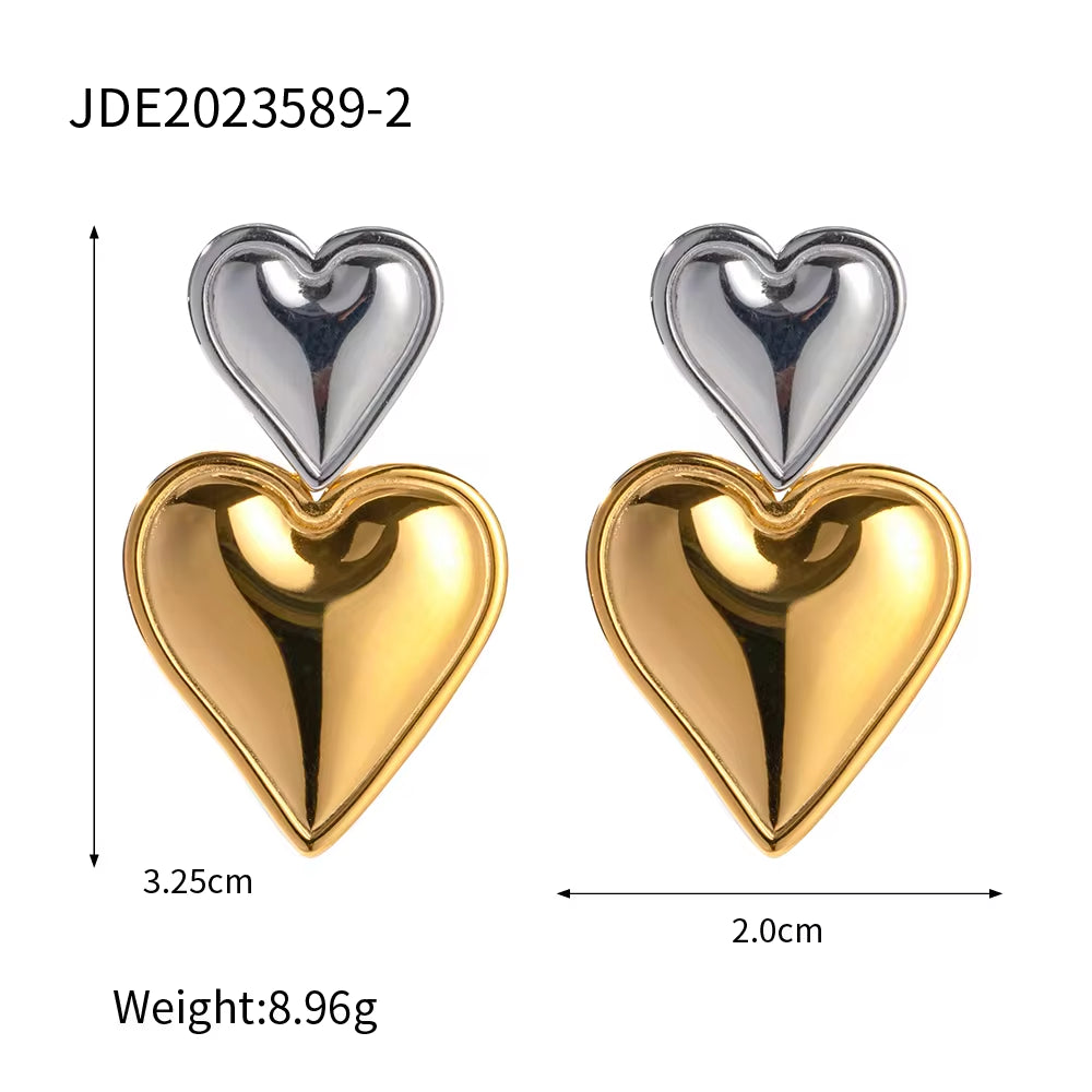 Trendy 18K Gold Plated Colorful Enamel Love Earring Stainless Steel Chunky Smooth Double Heart Drop Earrings