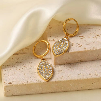 Leaf Shape Shiny Cubic Zircon Non Tarnish 18K Gold Plated Stainless Steel Pendant Earrings Women