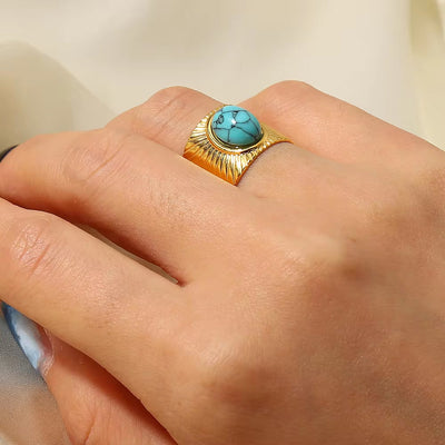 18K Gold Plated Turquoise Swirl Marks Wide Opening Stainless Steel Rings for Women Jewelry