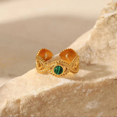 18K Gold Stainless Steel Evil Eyes Green Malachite Natural Stone Hollow Design Opening Ring for Women