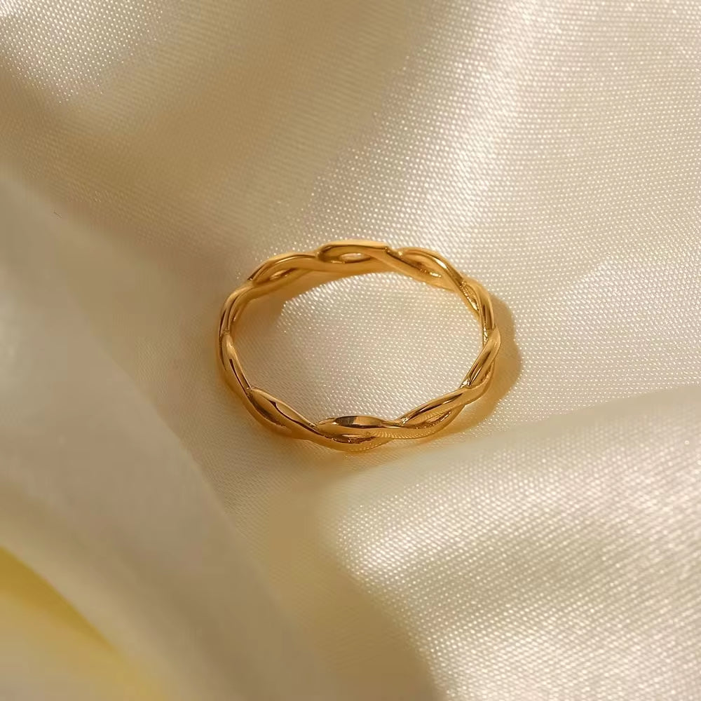 Dainty 18K Gold Plated Stainless Steel Twisted Linear Geometric Hollow Stacking Rings for Women