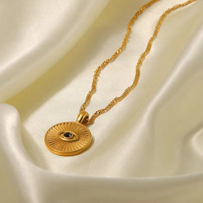 Vintage 18K Gold Plated Sunburst Eye Necklace Stainless Steel Black Stone round Coin Eye Necklace