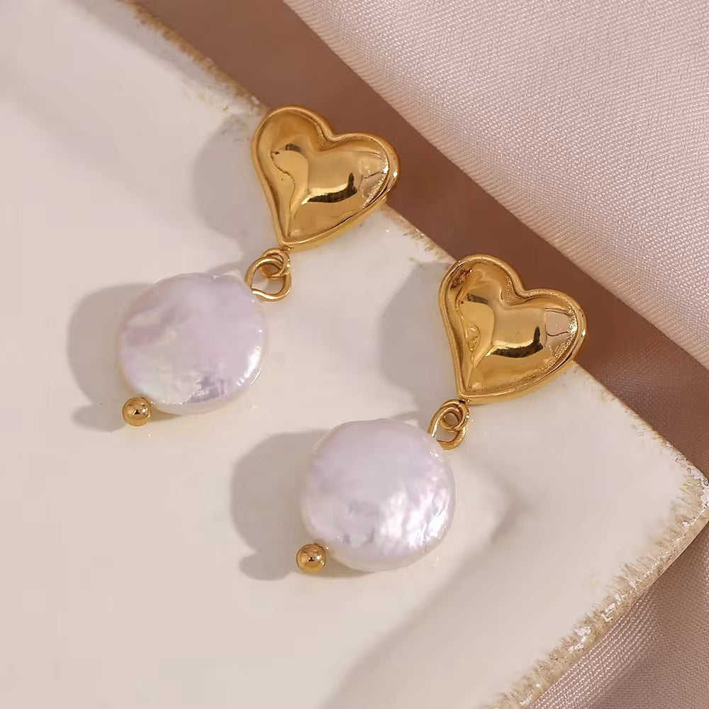 Valentines Earrings Fresh Water Pearl Heart Earring 18K Gold Plated Stainless Steel Couple Jewelry