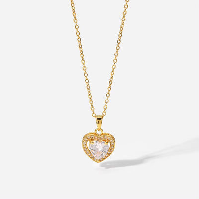 Exquisite Women Wedding Bridal Jewelry Stainless Steel Gold Large Single Shiny Crystal Heart Pendant Necklace for Engagement