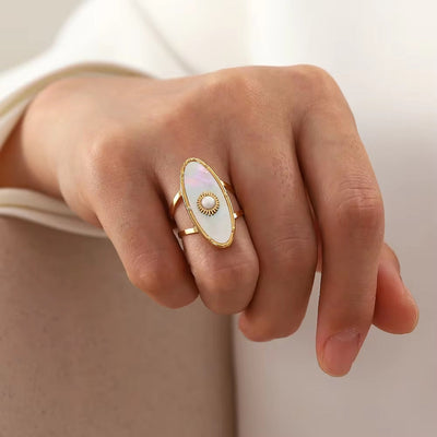 Oval round Natural Shell Pearl 18K PVD Gold Plated Stainless Steel Opening Rings Women Jewelry