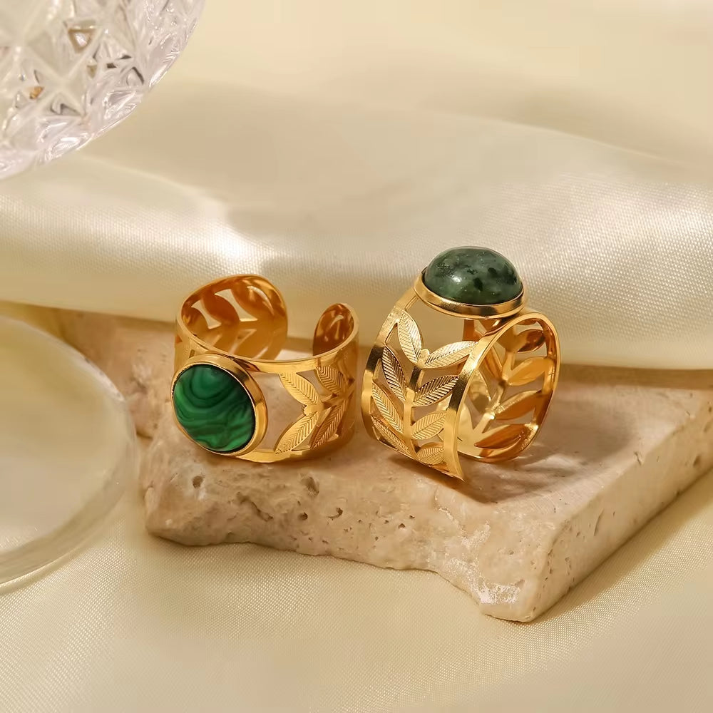 Malachite Stone 18K Gold Plated Stainless Steel Hollow Leaf round Green Malachite Opening Rings for Women