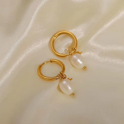 18K Gold Plated Stainless Steel Freshwater Pearl Star Charm Dainty Pendant Hoop Earrings for Women