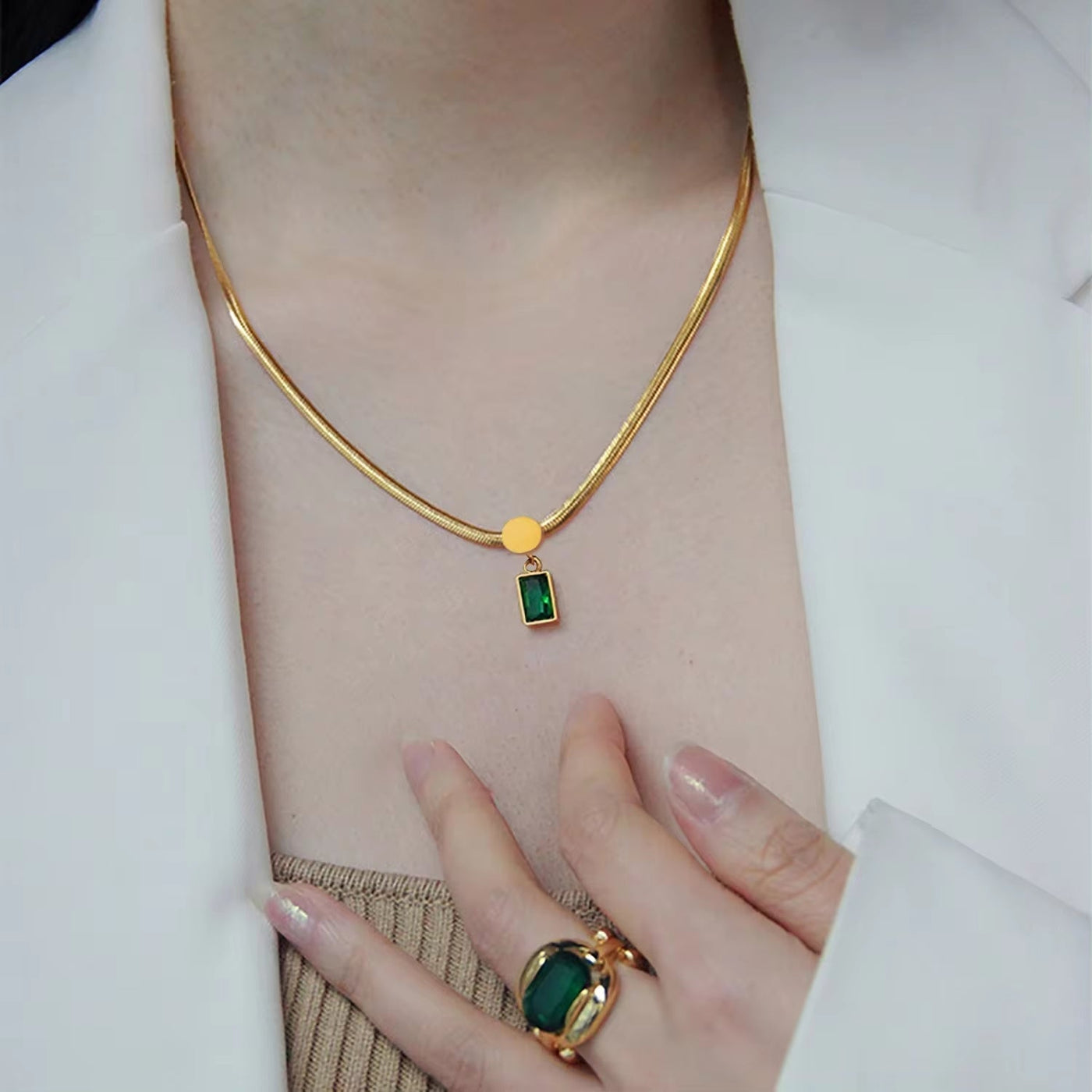 18K Gold Plated Stainless Steel Green Square Zircon Pendant Snake Chain Necklace for Women'S 2024