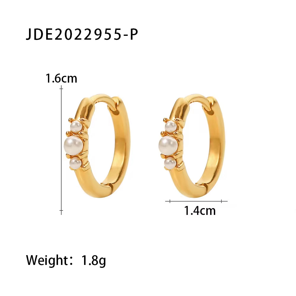 Three Tiny Zircon Pearl Hoop Earrings Stainless Steel PVD Gold-Plated Statement Earrings for Women