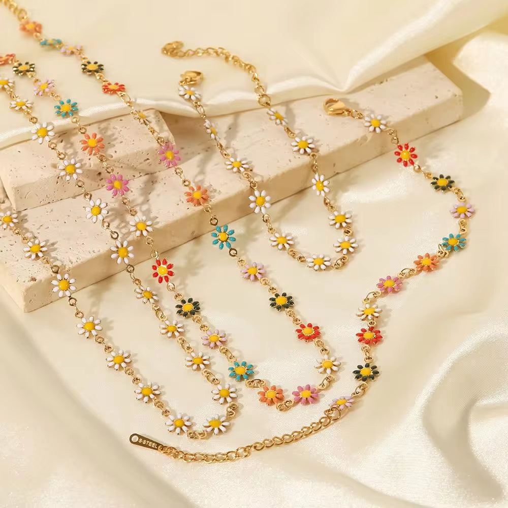 Charm 18K Gold Plated Stainless Steel Choker Necklace Set Women Colorful Daisy Chain Bracelet