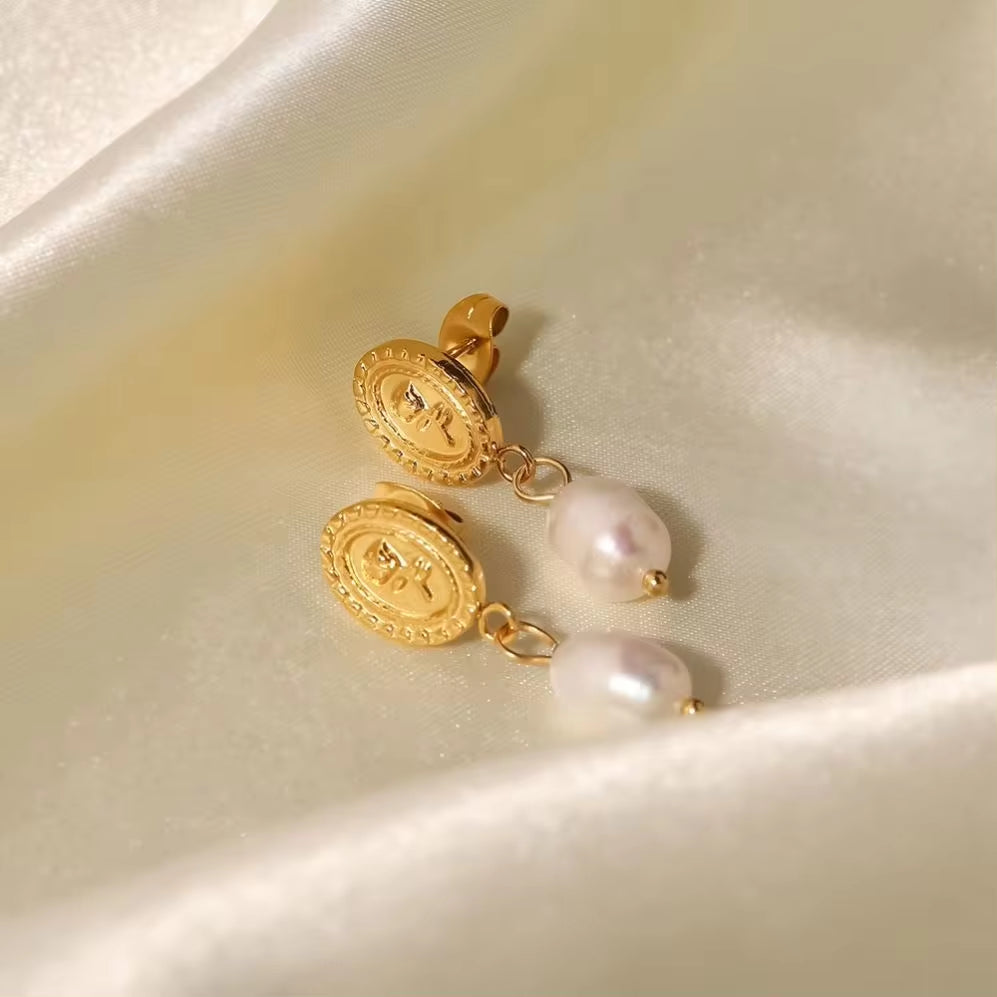 18K Gold Plated Stainless Steel Freshwater Pearl Coin Design Rose Embossed Pendant Earrings Ins Trendy