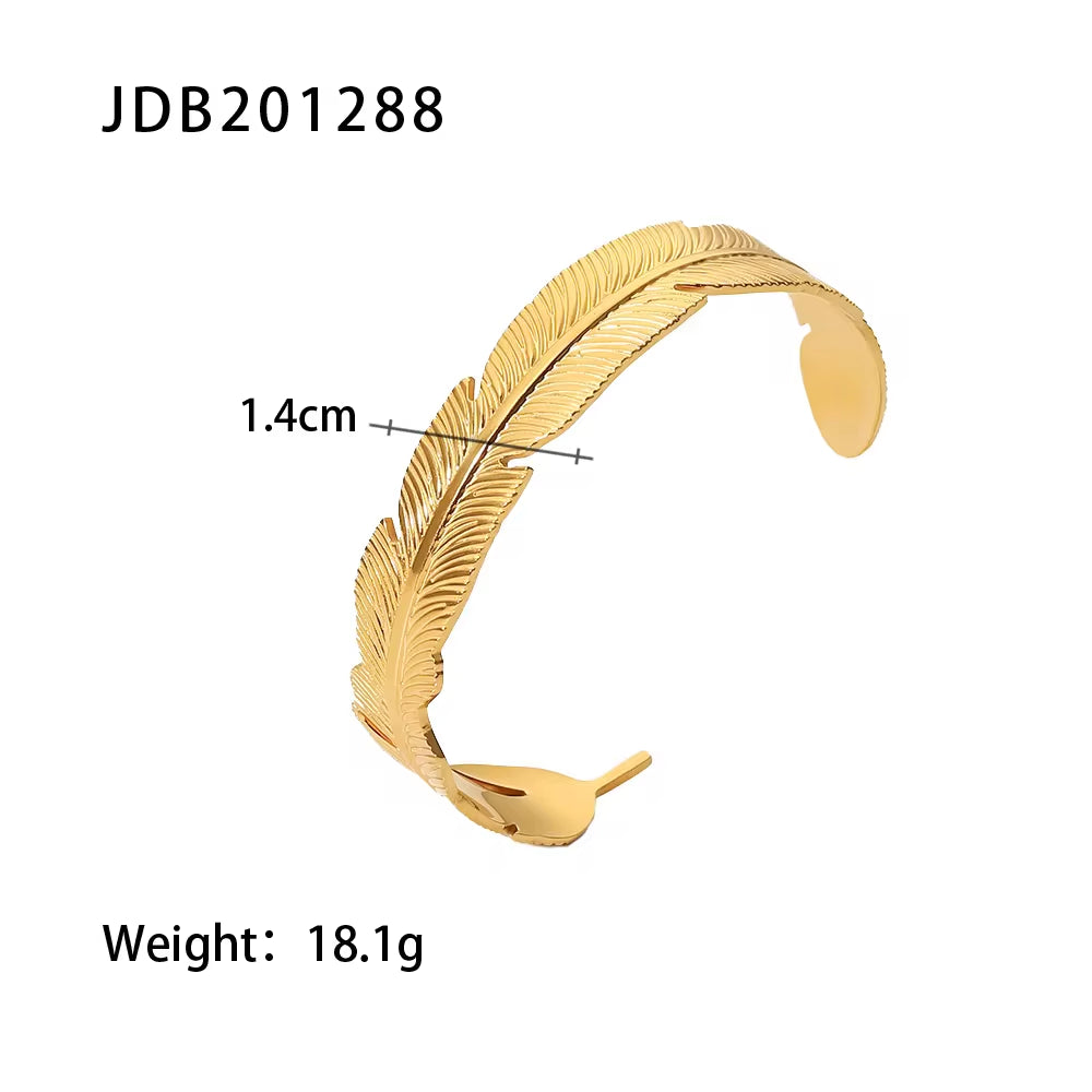 18K Gold Plated Wide Feather Design Palm Frond Stainless Steel Minimalism Opening Bangles