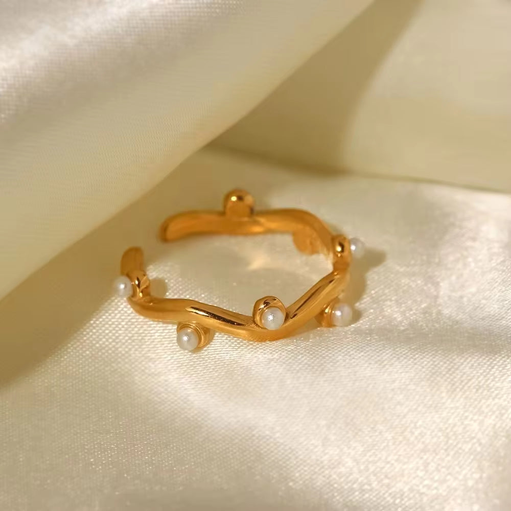 18K Gold Plated Stainless Steel Irregular Water Wave White Pearl Leaf Branch Stacking Rings