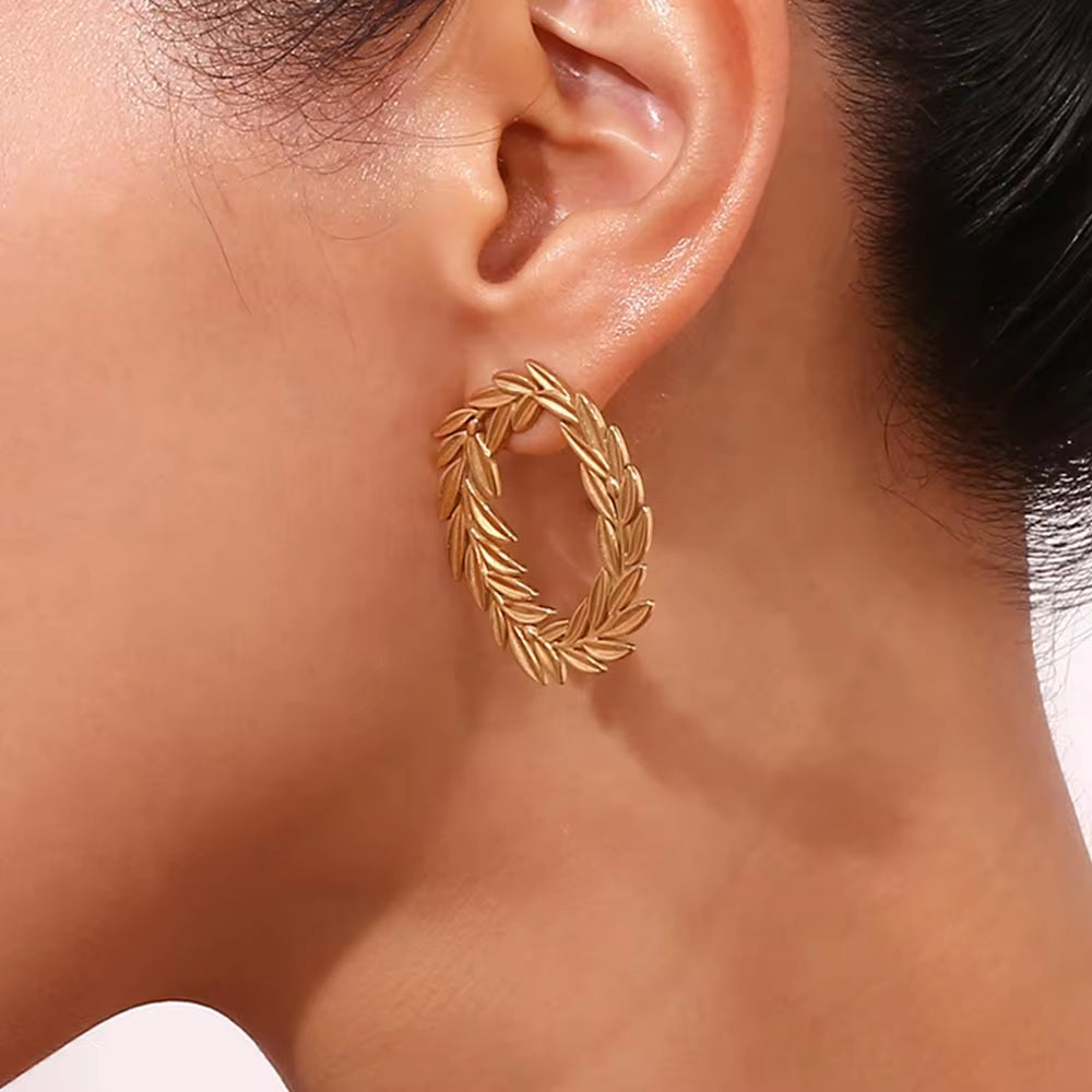 Gold Plated Stud Earrings for Women Leaf Hoop Stainless Steel Jewelry Waterproof Women Jewelry