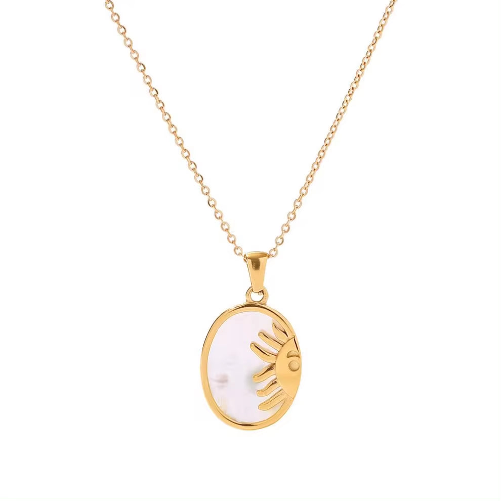 New Stainless Steel White Shell Sun Necklace 18K Gold Plated Oval Sun Shell Pendant Necklace