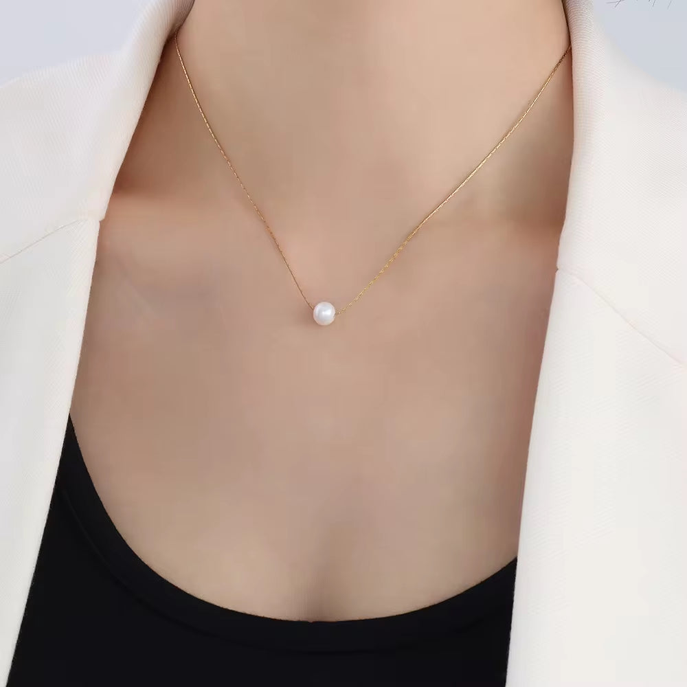 18K Gold Plated Stainless Steel Link Chain Pearl Choker round Freshwater Pearl Pendant Necklace