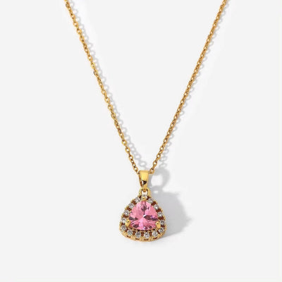 18K Real Gold Plated Necklacejewelry Stainless Steel Pink Triangle Cubic Zircon Pendant Necklace for Women