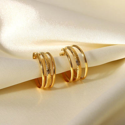 Trendy Statement Circle 18K Gold Plated Geometric Earrings Three Triple C Shape Stainless Steel Hoop Earrings for Women