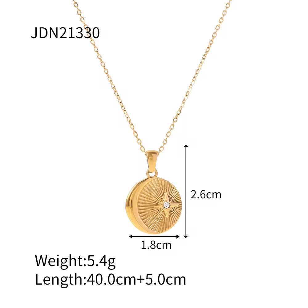 Waterproof Zircon Texture Necklace Stainless Steel Green Zircon round Eye Sunburst Medallion Necklaces