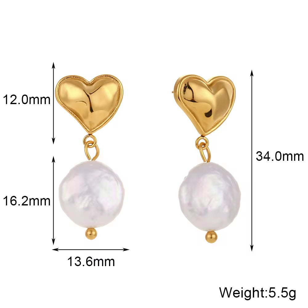 Valentines Earrings Fresh Water Pearl Heart Earring 18K Gold Plated Stainless Steel Couple Jewelry